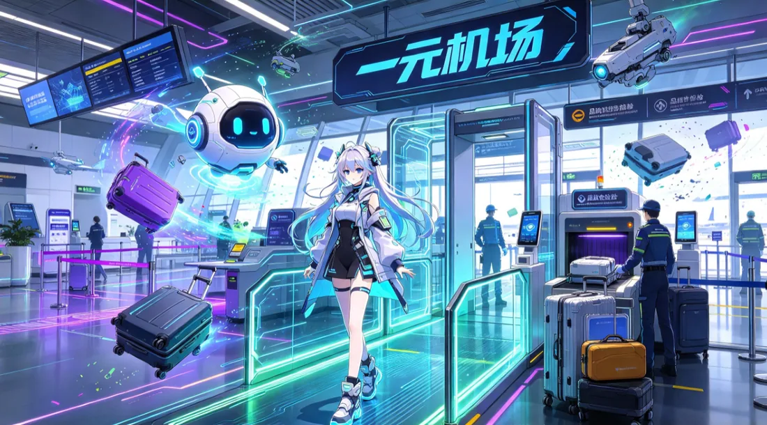 机场安检通道里少女与机器人的动漫风插画