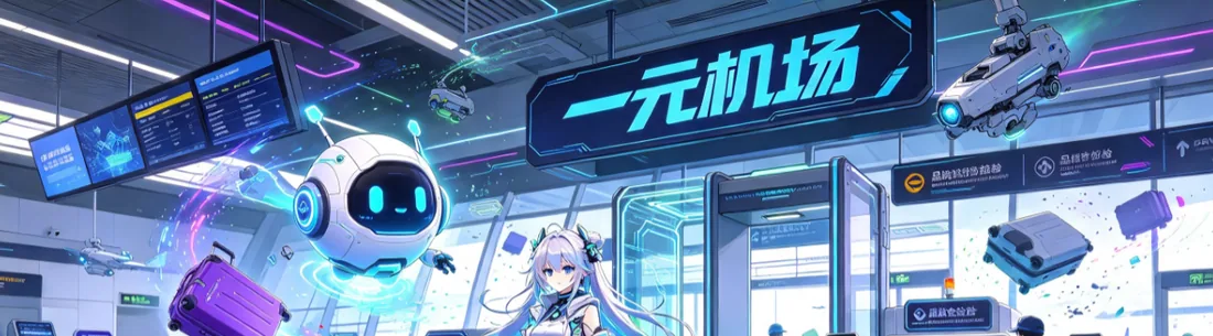 机场安检通道里少女与机器人的动漫风插画(上半)